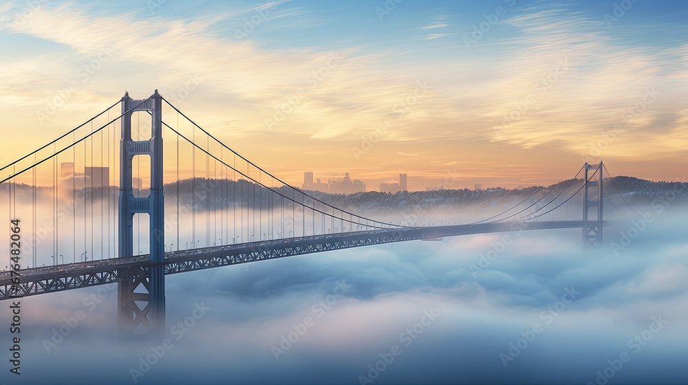 Poster a bridge in the middle of a foggy sky with a city in the distance and a few clouds in the foreground