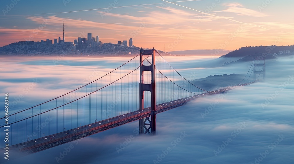 Poster a view of the golden gate bridge above the clouds in san francisco with a city in the distance in th