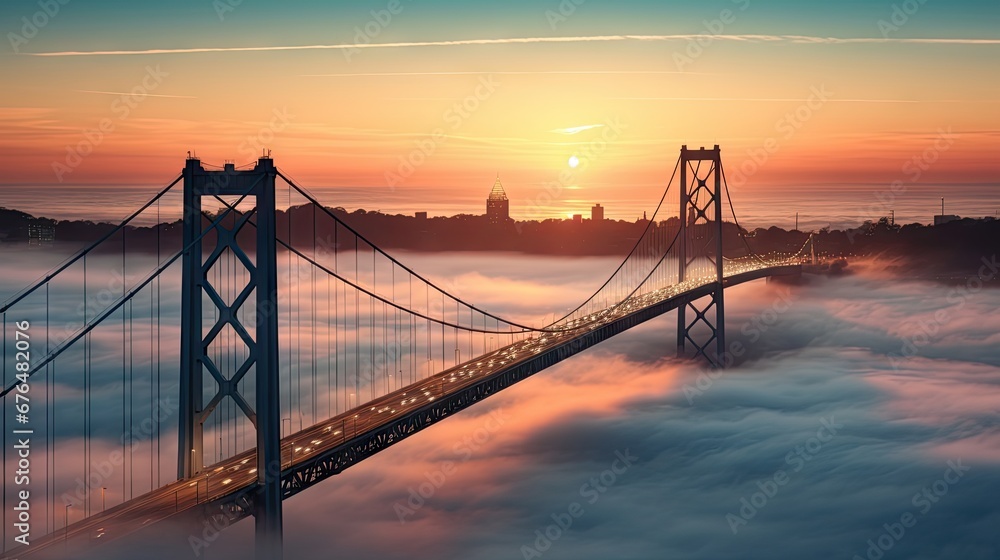 Poster a bridge in the middle of a sea of clouds with a city in the distance in the middle of the picture. 