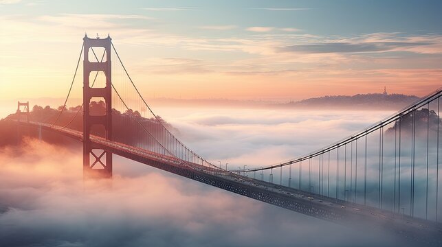  a picture of the golden gate bridge in a foggy sky with the sun peeking through the clouds behind it.  generative ai