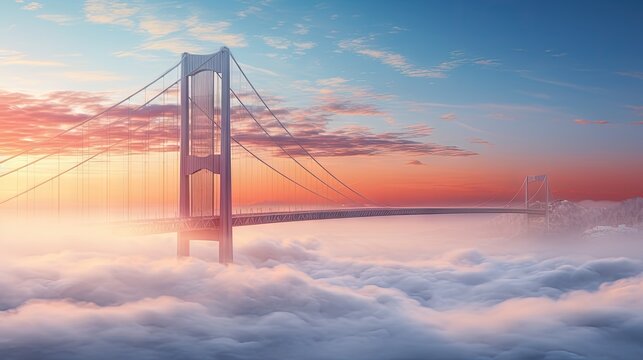  a picture of a bridge in the middle of a foggy sky with a bridge in the distance in the middle of the picture.  generative ai