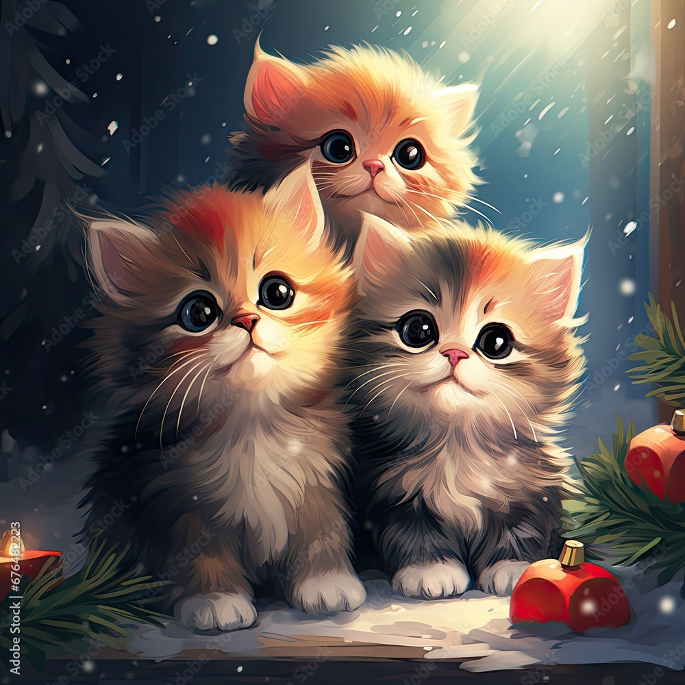 Poster a group of three kittens sitting next to each other in front of a christmas tree with a light shinin