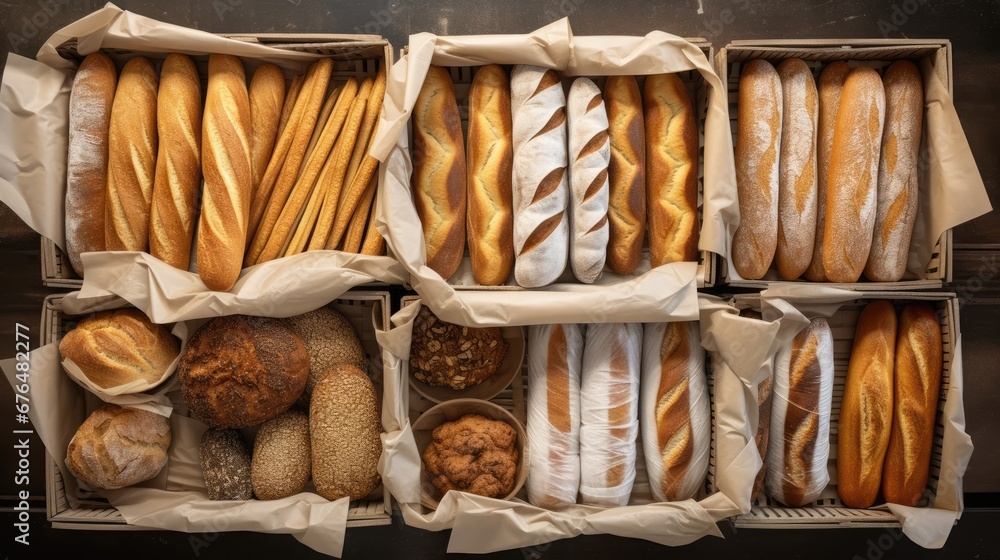 Poster a box filled with lots of different types of breads and loaves of bread on top of each other. genera
