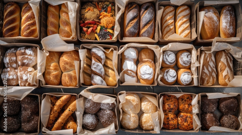 Poster a box filled with lots of different types of doughnuts and pastries next to other boxes of different