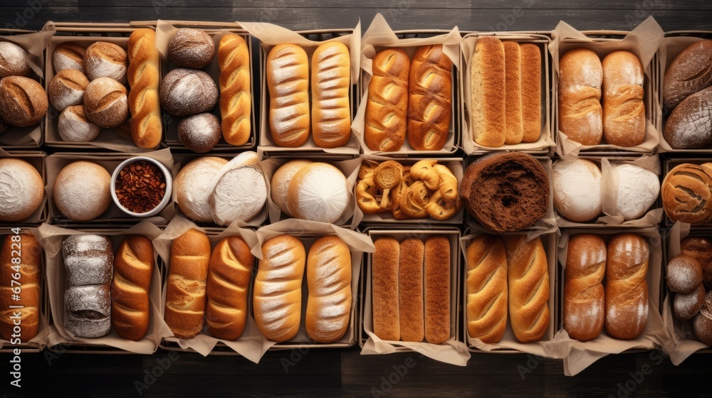 Poster a bunch of different types of breads and pastries in boxes on a table with a wooden table top. gener