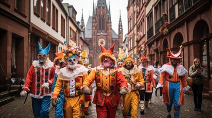 Obraz premium Colorful jesters parade smiling through historic streets at the carnival festival