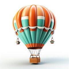 An orange and green hot air balloon with a basket. Realistic clipart on white background