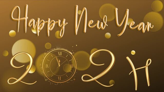 Animated video footage of Happy New Year 2024 with glowing gold nuances 