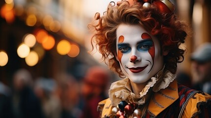 Happy jester in traditional costume enjoys carnival festival.