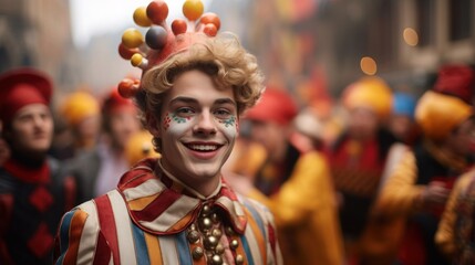 Fototapeta premium Happy boy with harlequin mask celebrates exuberantly among carnivalists