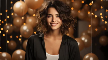 Poster cute charming brunette with a beautiful hairstyle at a festive Christmas party © Margo_Alexa