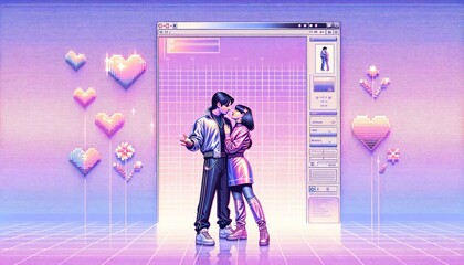 Digital illustration of a romantic couple embracing, featuring neon graphics and retro 80s style