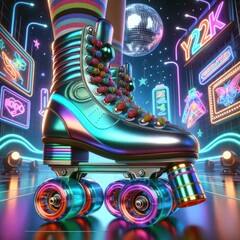 Colorful roller skate with holographic finish and neon lights, giving off a y2k disco vibe