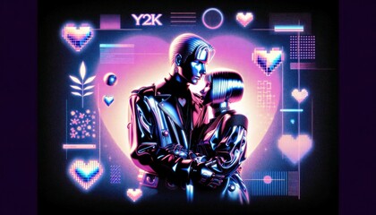 Illustration of a couple in a hug surrounded by vibrant neon lights and futuristic y2k motifs