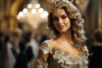 Elegant blonde lady with tiara smiles at lavish baroque ball, carnival concept. - obrazy, fototapety, plakaty
