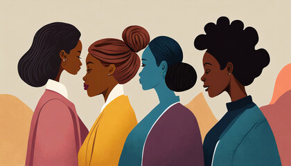 Communication group of multicultural diversity women and girls - face silhouette profile. Female social network community of diverse culture. Racial equality.Friendship. Colleagues.Speak - obrazy, fototapety, plakaty