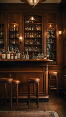Obraz premium A vintage-inspired home bar with rich wood paneling, leather barstools, and a collection of classic spirits.