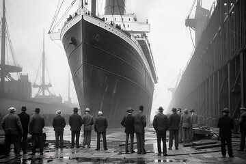 old picture captures Titanic being built in 1910s dry dock. Black and white photo showcases the grandeur of this engineering feat as it takes form, representing ambition and innovation. AI-generated
