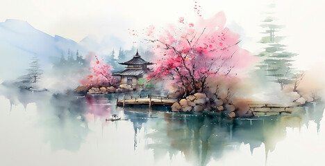 Japan nature scenery with sakura bloom and mountains. Watercolor, zen. AI generative - obrazy, fototapety, plakaty