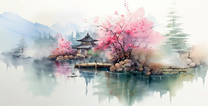 Japan nature scenery with sakura bloom and mountains. Watercolor, zen. AI generative