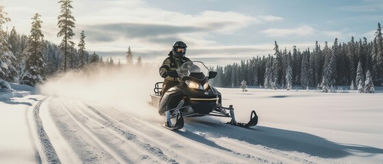 A person in a snowsuit riding a snowmobile in a snowy landscape.