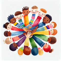 Concept of inclusion diversity equality. Group of multicultural children s arms and hands in a circle on top of each other. Children and babies from different country nations and continents