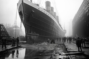 A black and white vintage photograph captures the awe-inspiring scale of the Titanic's construction in 1910, with workers dwarfed by the massive ship's towering hull. AI-generated