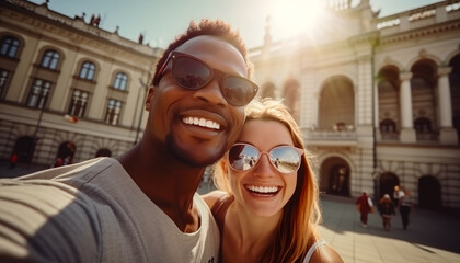 Self-portrait of a happy young interracial married couple while traveling on vacation. Cheerful black man and his white wife taking a selfie during their honeymoon. - obrazy, fototapety, plakaty