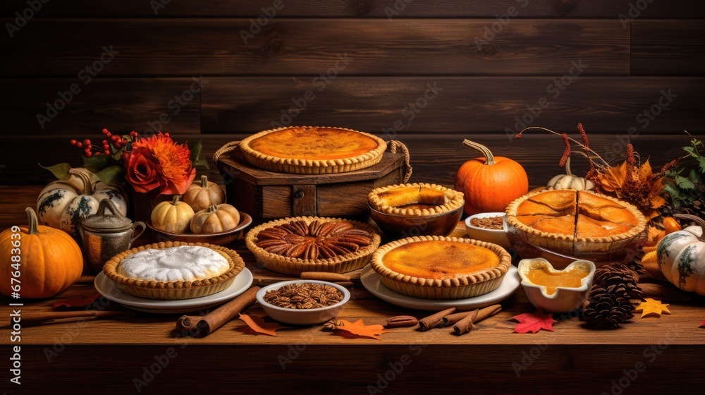 Poster a table topped with lots of pies and pie pans filled with different types of pies and toppings. gene