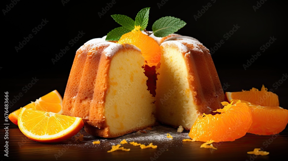 Poster a cake with a slice cut out of it sitting on a table next to sliced oranges and slices of the cake. 