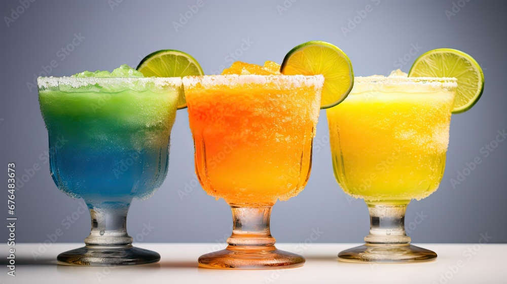 Poster three glasses of different colored drinks with limes and a slice of lime on the rim of one of the gl