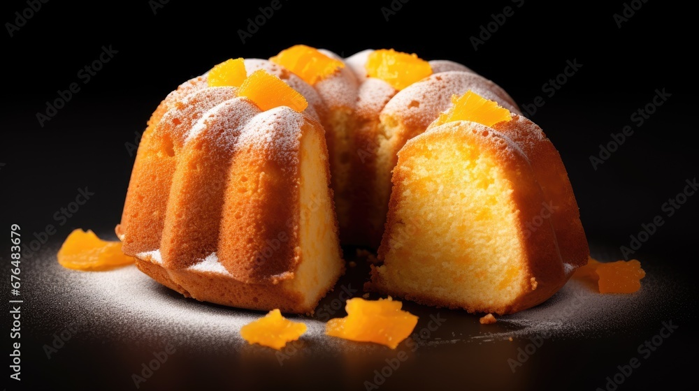Poster a close up of a cake with a slice cut out of it sitting on a table with a black background. generati