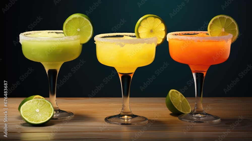 Aufkleber a group of three margaritas sitting on top of a table next to limes and a slice of lime. generative 
