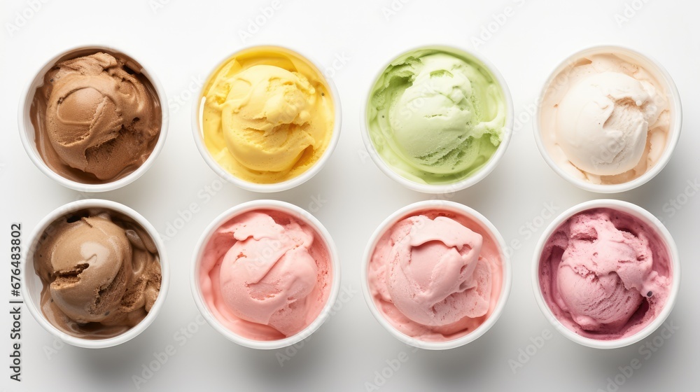 Poster six bowls of ice cream are lined up in a row, all of which have different colors of ice cream in the
