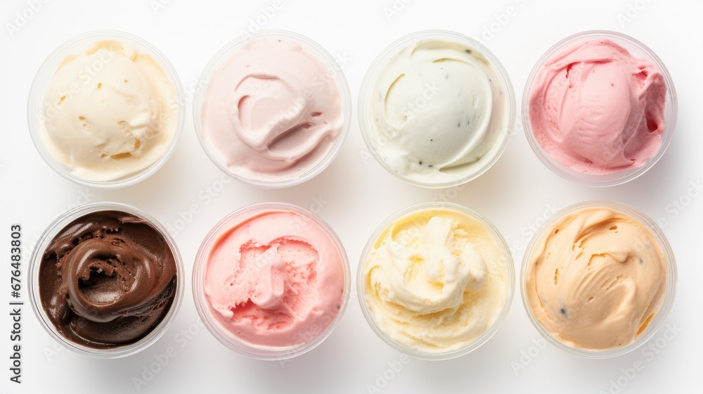 Poster six different types of ice cream in small plastic containers on a white surface with a white surface