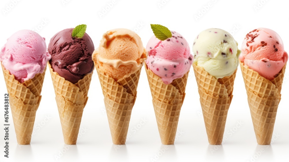 Poster a row of five ice cream cones with different flavors of ice cream in each cone, on a white backgroun