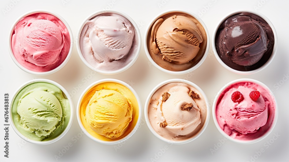 Poster a group of six ice creams in bowls on a white surface with raspberries in each of them. generative a