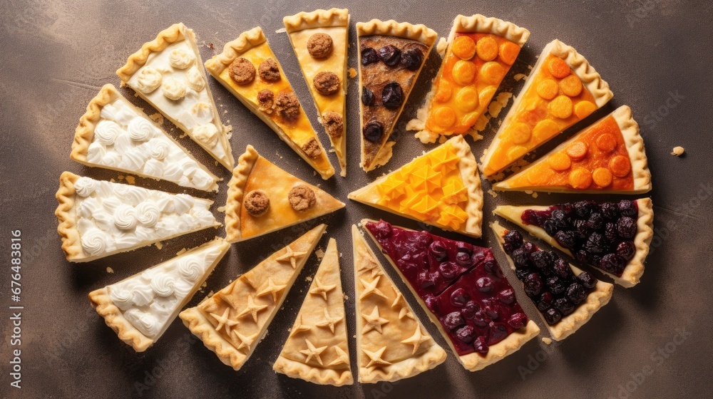 Poster a variety of pies with different toppings arranged in a circle on top of a brown table with a black 