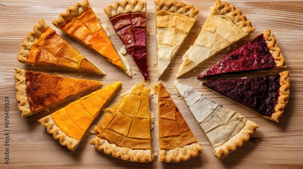 Aufkleber a variety of pies arranged in a circle on top of a wooden table with one slice missing from the pie.