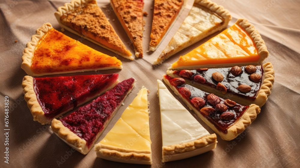 Poster a variety of pies arranged in a circle on top of a sheet of wax paper on top of a table. generative 