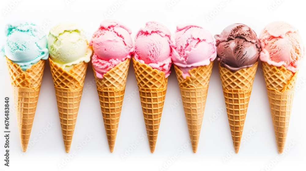 Poster a row of five ice cream cones filled with different flavors of ice cream on top of each other on a w
