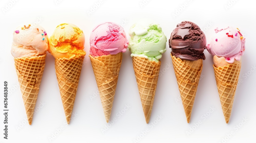 Poster five ice cream cones with different flavors of ice cream in a row on a white background with a white