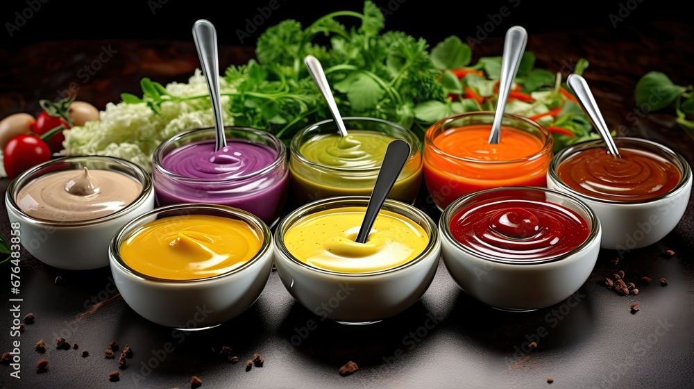 Poster a group of different colored sauces sitting on top of a table next to a pile of lettuce. generative 