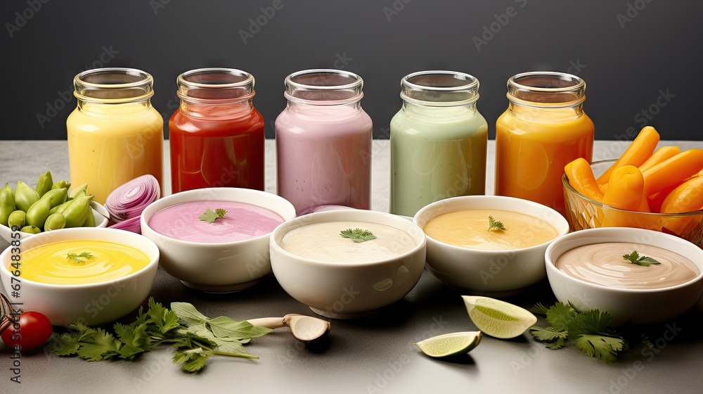 Poster a table topped with bowls filled with different types of sauces and condiments next to a row of jars