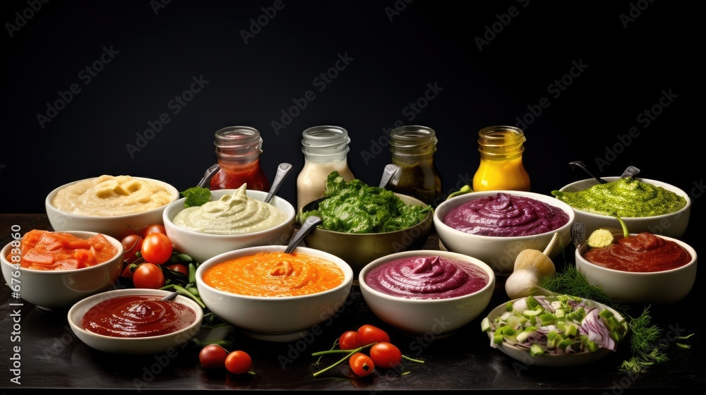 Poster a table topped with bowls filled with different types of dips and condiments on top of a table. gene