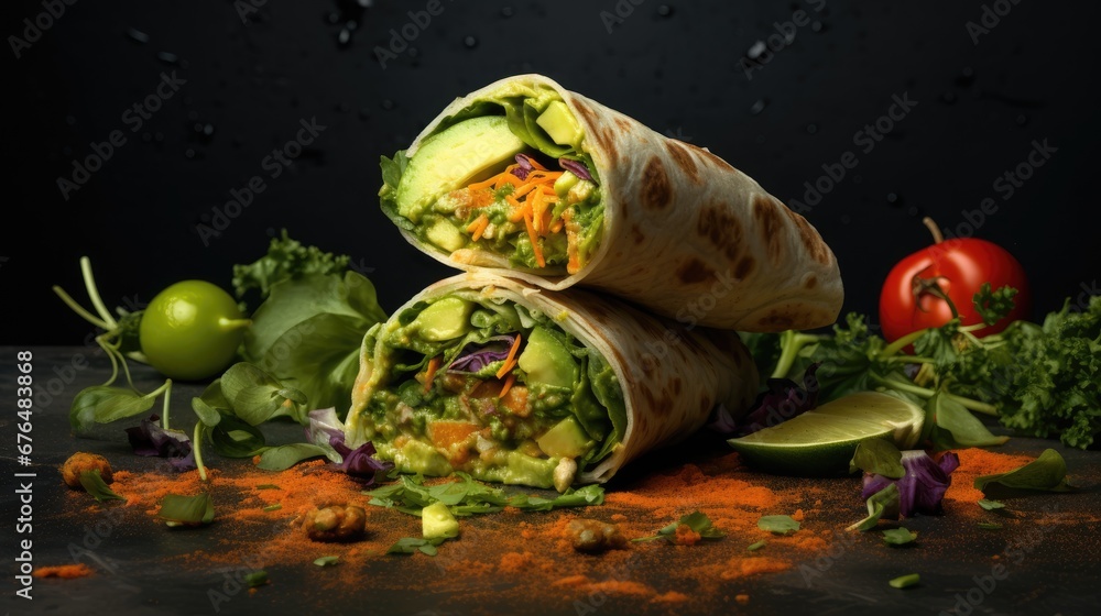 Poster a wrap filled with veggies sitting on top of a table next to a pile of lettuce. generative ai