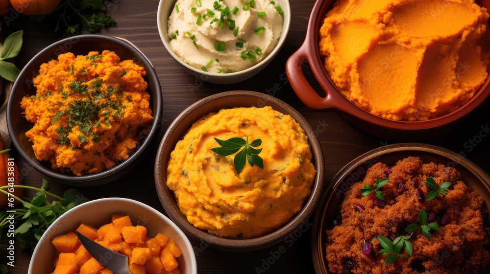 Poster  a table topped with bowls of mashed potatoes and carrots next to a bowl of mashed potatoes and a bowl of mashed potatoes.  generative ai