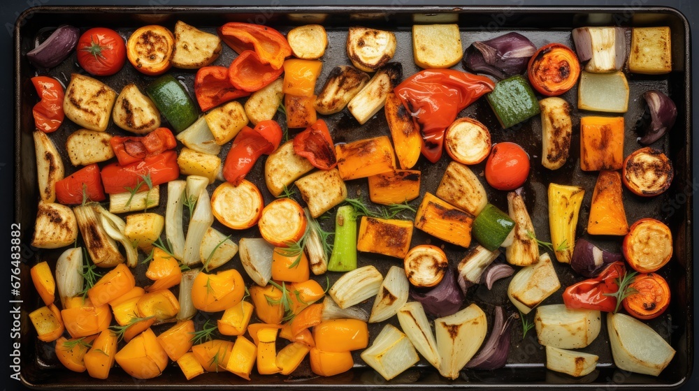 Poster a tray filled with assorted cut up veggies on top of a wooden table next to a knife. generative ai