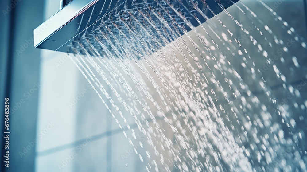 Poster a close up of a shower head with water running down the side of it and a building in the background.