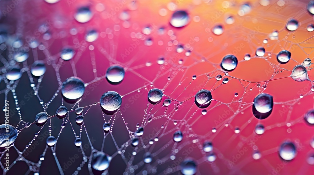 Aufkleber drops of water on a spider web in front of a red, yellow, and blue background with a multicolored sk